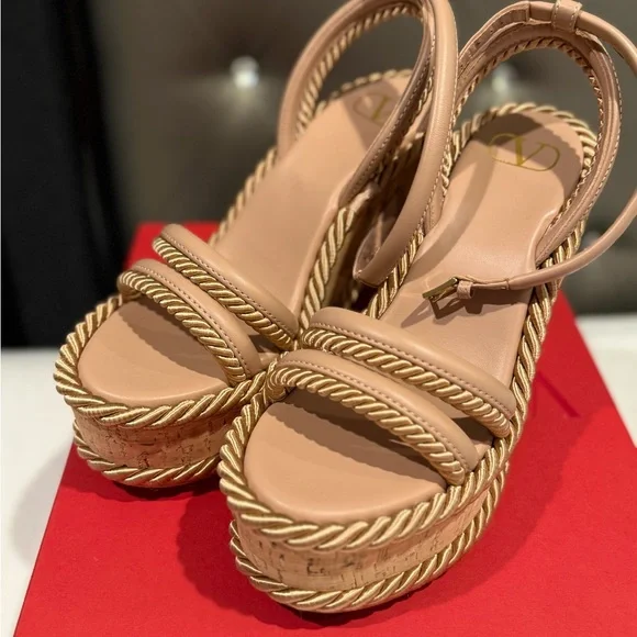 Valentino Garavani Beige Rope Platform Sandals - Picture 1 of 10